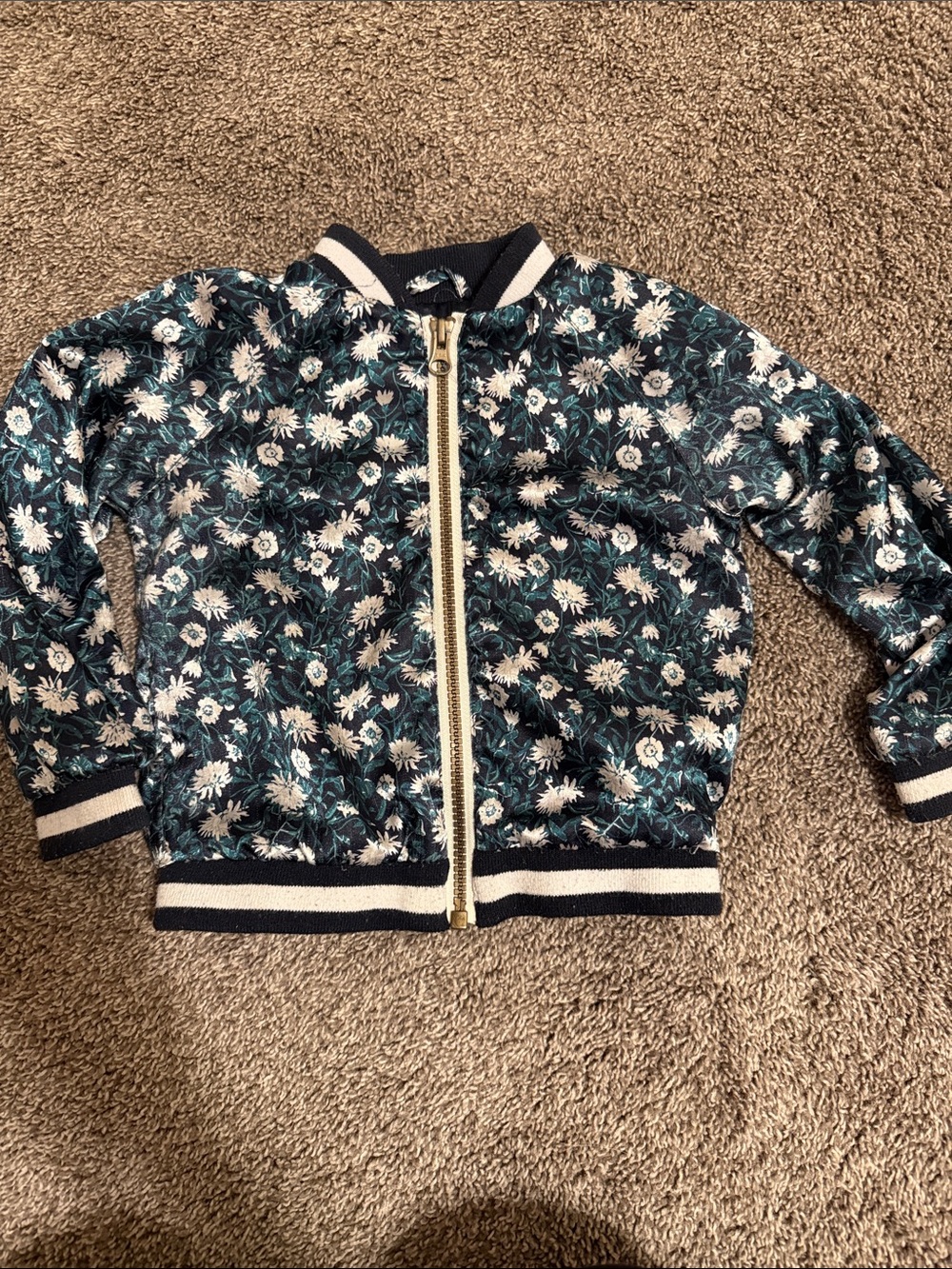 Joe Fresh Teal Floral Bomber Jacket with Navy Trim and Gold Zipper